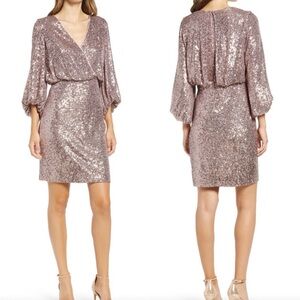 Eliza J Sequin Balloon Sleeve Cocktail Dress Rose Gold Size 4